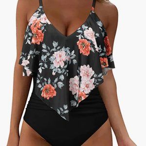 Women Slimming Ruffle One Piece Swimsuits Ruched Tummy Control
